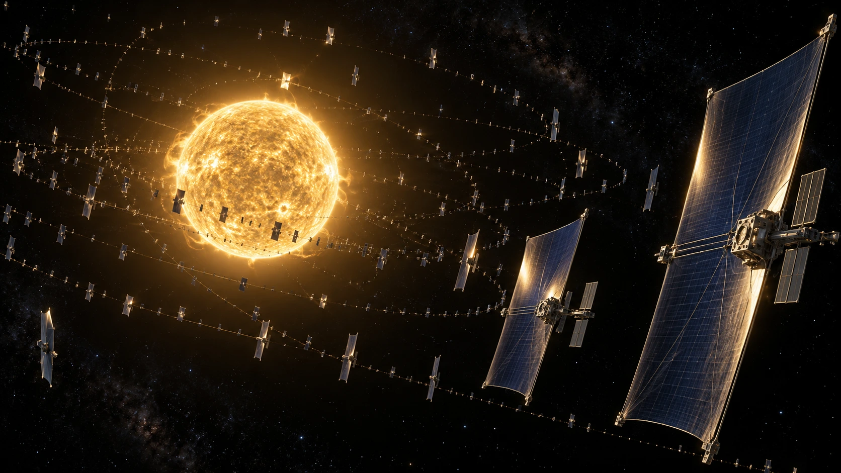 太陽の周囲を独立して周回する多数の集光・発電ユニットを描いたダイソンスウォーム構想